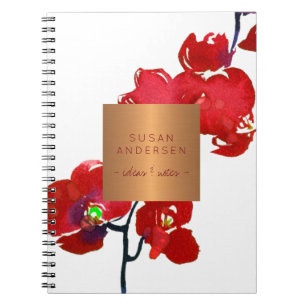 Caderno Espiral Orquídea vermelha de coral - etiqueta metálica ele