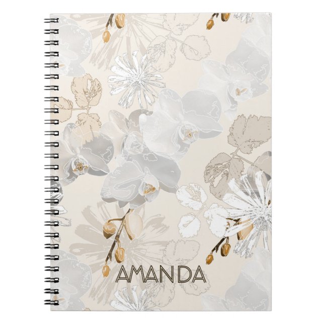 Caderno Espiral Orquídeas brancas sobre um creme leve (Frente)