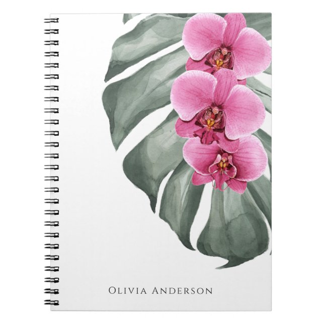 Caderno Espiral Orquídeas Rosa Quente, Aquarela Tropical Floral (Frente)