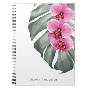 Caderno Espiral Orquídeas Rosa Quente Floral Tropical Aquarela
