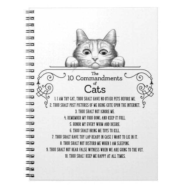 Caderno Espiral Os 10 mandamentos dos gatos engraçados (Frente)