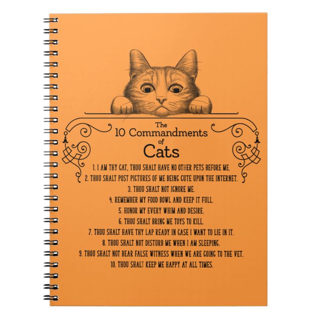 Caderno Espiral Os 10 mandamentos dos gatos engraçados (Frente)