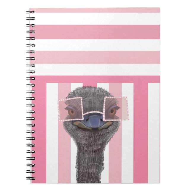Caderno Espiral Ostrich Engraçado e Bonito com Óculos - Rosa | Whi (Frente)