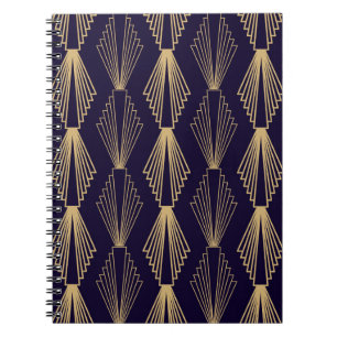 Caderno Espiral Ouro art Deco Pattern. Escuro azul escuro