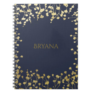 Caderno Espiral Ouro Bebê Respiração Floral Elegante Azul