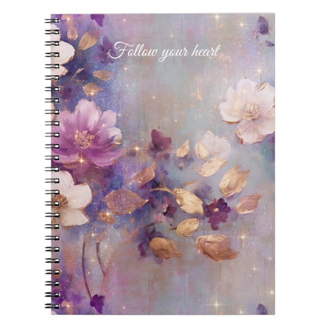 Caderno Espiral Ouro Branco Floral Roxo   (Frente)