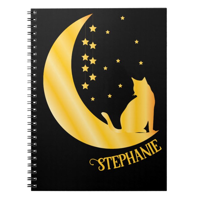 Caderno Espiral Ouro Cat Sentado No Notebook Lua Noite (Frente)