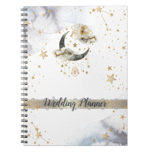 Caderno Espiral Ouro Celestial Lua Estrelas