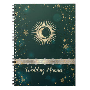 Caderno Espiral Ouro Celestial Sol E Lua Estrelas Verde