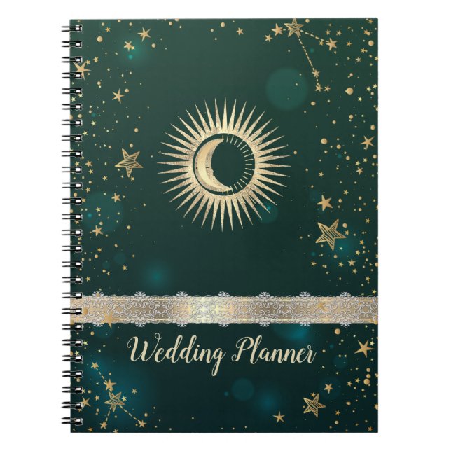 Caderno Espiral Ouro Celestial Sol E Lua Estrelas Verde (Frente)