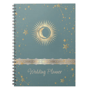 Caderno Espiral Ouro Celestial Sol e Lua Estrelas Verde Menta