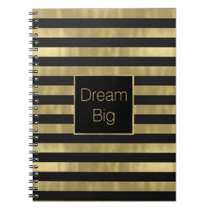 Caderno Espiral Ouro chique e grande preto do sonho das listras