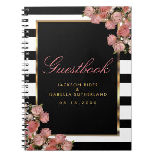 Caderno Espiral Ouro cor-de-rosa com listras preto e branco -