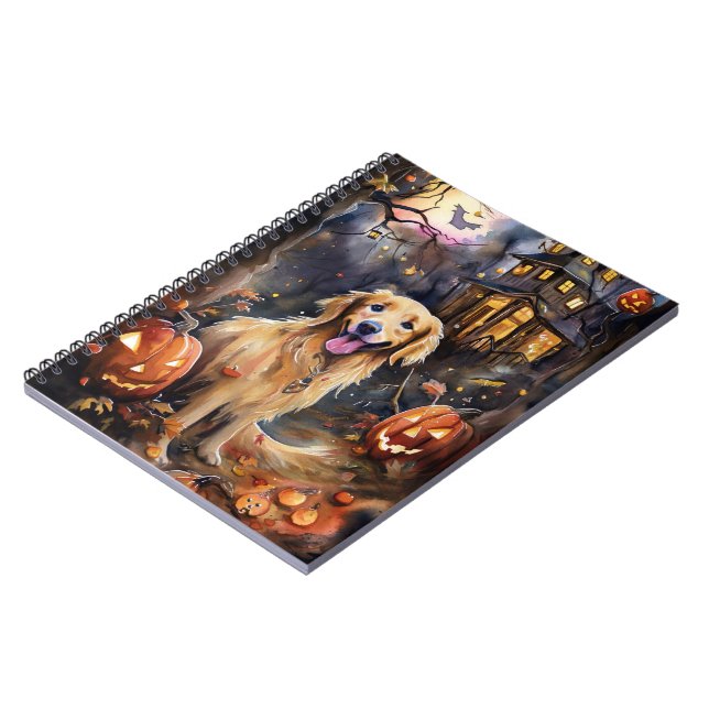 Caderno Espiral Ouro De Halloween Retriever Com Pumpkins Assustado (Left Side)