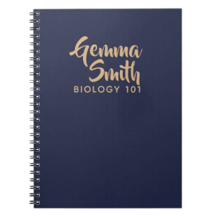 Caderno Espiral ouro e assunto personalizado marinho do monograma