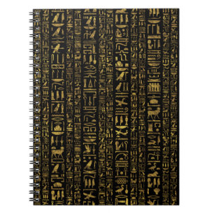Caderno Espiral Ouro egípcio do vintage dos hieroglyphs no preto