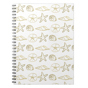 Caderno Espiral Ouro em Folha Conchas de Mar Estilo Praia Elegante