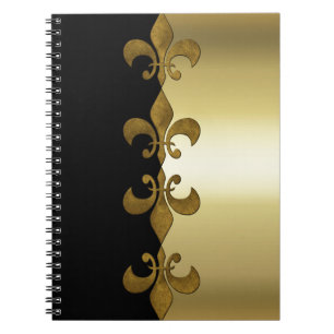 Caderno Espiral Ouro Fleur-de-lis ouro preto monograma personaliza