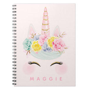 Caderno Espiral Ouro floral feminino do rosa do unicórnio