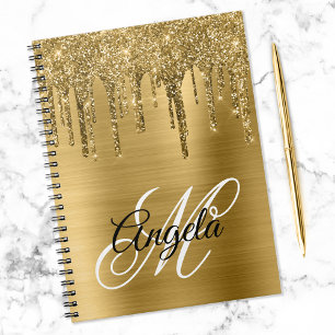 Caderno Espiral Ouro Folha Escoada Folha Brilhante Rico Monograma