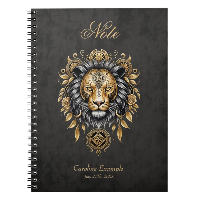 Caderno Espiral Ouro majestoso de cabeça de leão com homem negro (Frente)