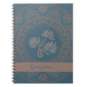 Caderno Espiral Ouro Personalizado Teal Rococo Lotus Dot Mandala