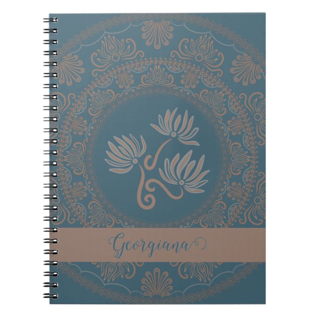 Caderno Espiral Ouro Personalizado Teal Rococo Lotus Dot Mandala (Frente)