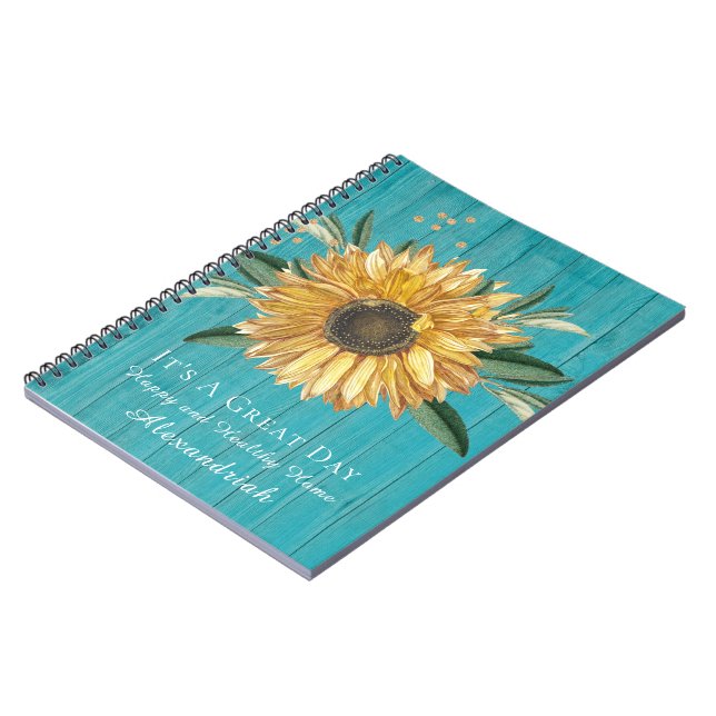 Caderno Espiral Ouro Russo Girassol Teal Azul Celeiro Madeira Mini (Left Side)