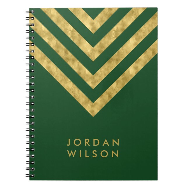 Caderno Espiral Ouro verde elegante personalizado Chevron do falso (Frente)