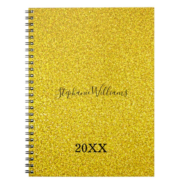 Caderno Espiral Ouro Yellow Glittery Custom Name Year Cute Girly (Frente)