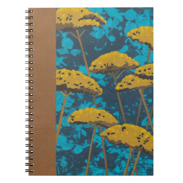 Caderno Espiral Ouro Yseta Garden com fundo azul (Frente)