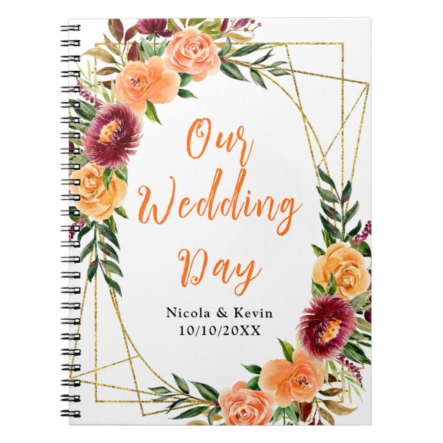 Caderno Espiral Outono Burgundy e Flores Laranja (Frente)