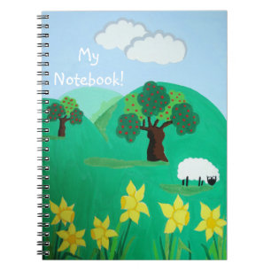 Caderno Espiral ovelhas bonitas com árvores colinas céu azul e n