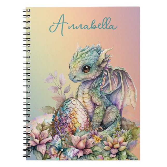 Caderno Espiral Ovo de Dragão Bebê Fofo em Arco-íris (Frente)
