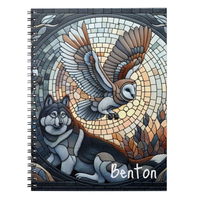 Caderno Espiral Owl e Wolf Mosaic Ai Art personalizados (Frente)