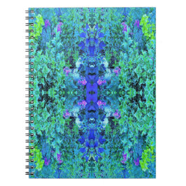 Caderno Espiral Padrão Abstrato de Folhagem em Chartreuse e Azul