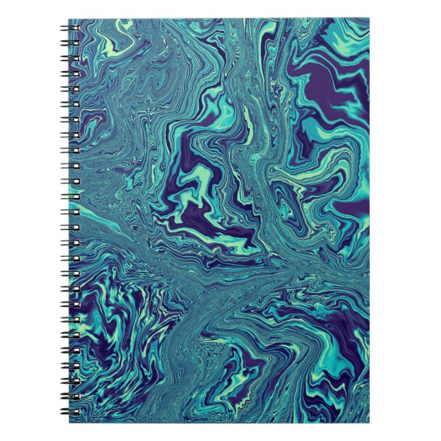 Caderno Espiral Padrão Abstrato de Mármore Líquido Azul (Frente)