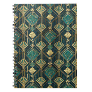 Caderno Espiral Padrão Abstrato Geométrico Art Déco em Azul Turque