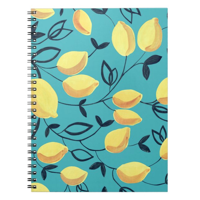 Caderno Espiral Padrão amarelo de guache em turquesa. (Frente)