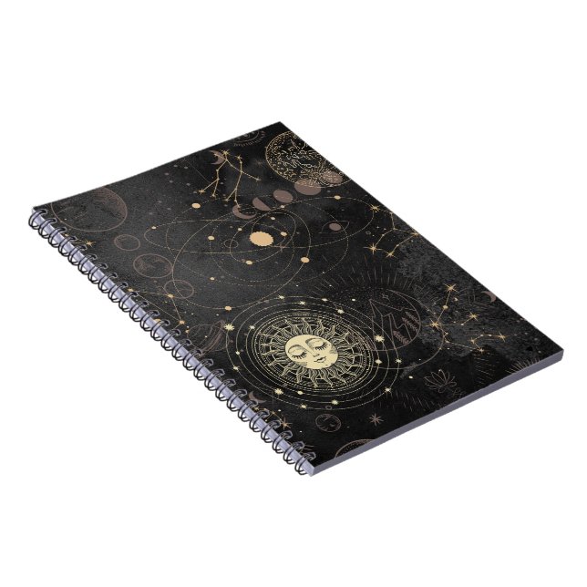 Caderno Espiral Padrão Astrológico Dourado Preto (Lado Direito)