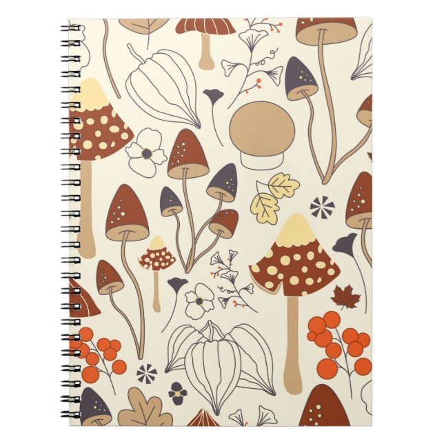 Caderno Espiral Padrão autossolúvel com cogumelos, flores, (Frente)