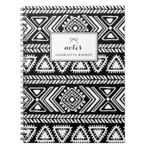 Caderno Espiral Padrão Aztec Preto e Branco Tribal Personalizado