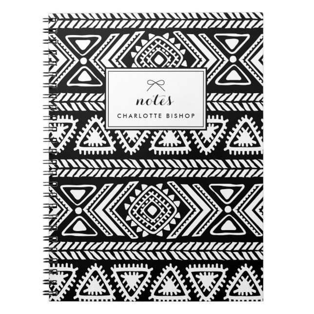 Caderno Espiral Padrão Aztec Preto e Branco Tribal Personalizado (Frente)