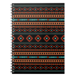 Caderno Espiral Padrão Aztec Rusts Teal Black Mixed Motifs