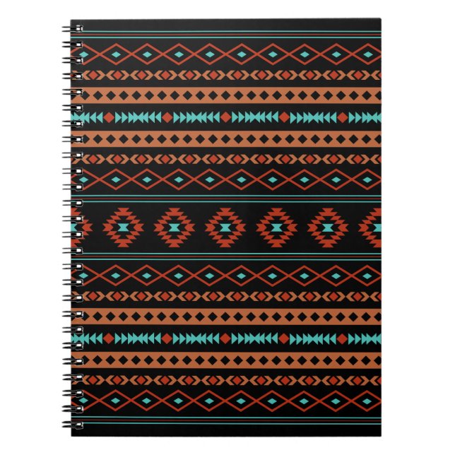 Caderno Espiral Padrão Aztec Rusts Teal Black Mixed Motifs (Frente)