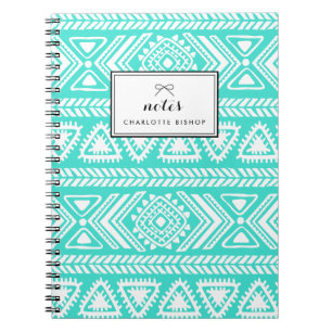 Caderno Espiral Padrão Aztec Tribal Turquesa Personalizado