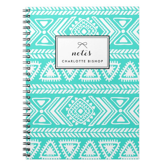 Caderno Espiral Padrão Aztec Tribal Turquesa Personalizado (Frente)