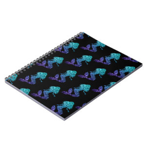 Caderno Espiral Padrão azul-azul-de-água-ombre-brilha preto