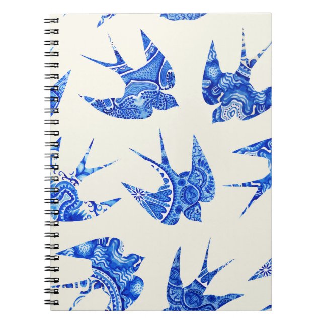 Caderno Espiral Padrão Azul De Pássaro De Engolir Por Aquarela (Frente)