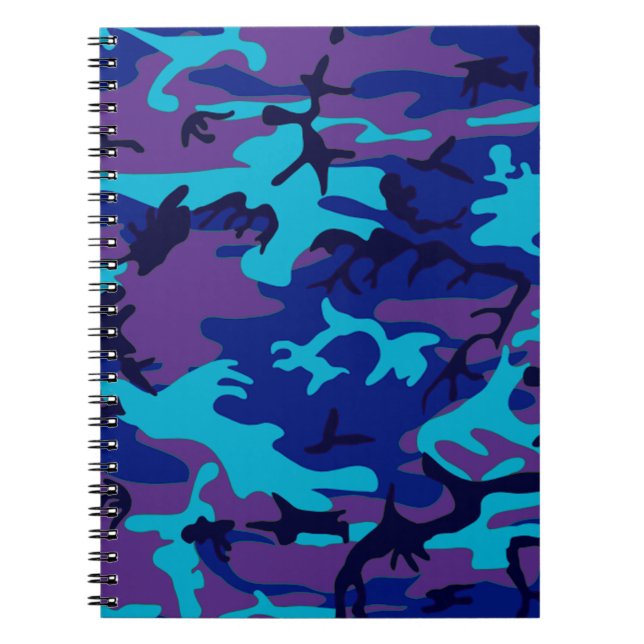 Caderno Espiral Padrão Azul Escuro de Camouflage e Roxo (Frente)